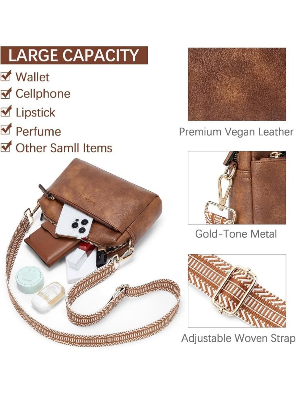 Women's Brown Leather Triple Zip Crossbody Bag Purse with Colored Shoulder Strap - Picture 4 of 6